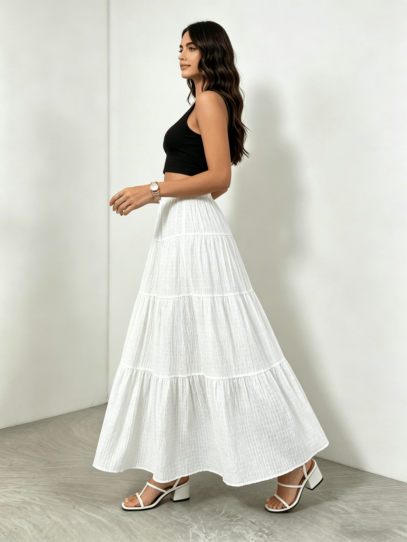 White Solid Tiered Maxi Skirt