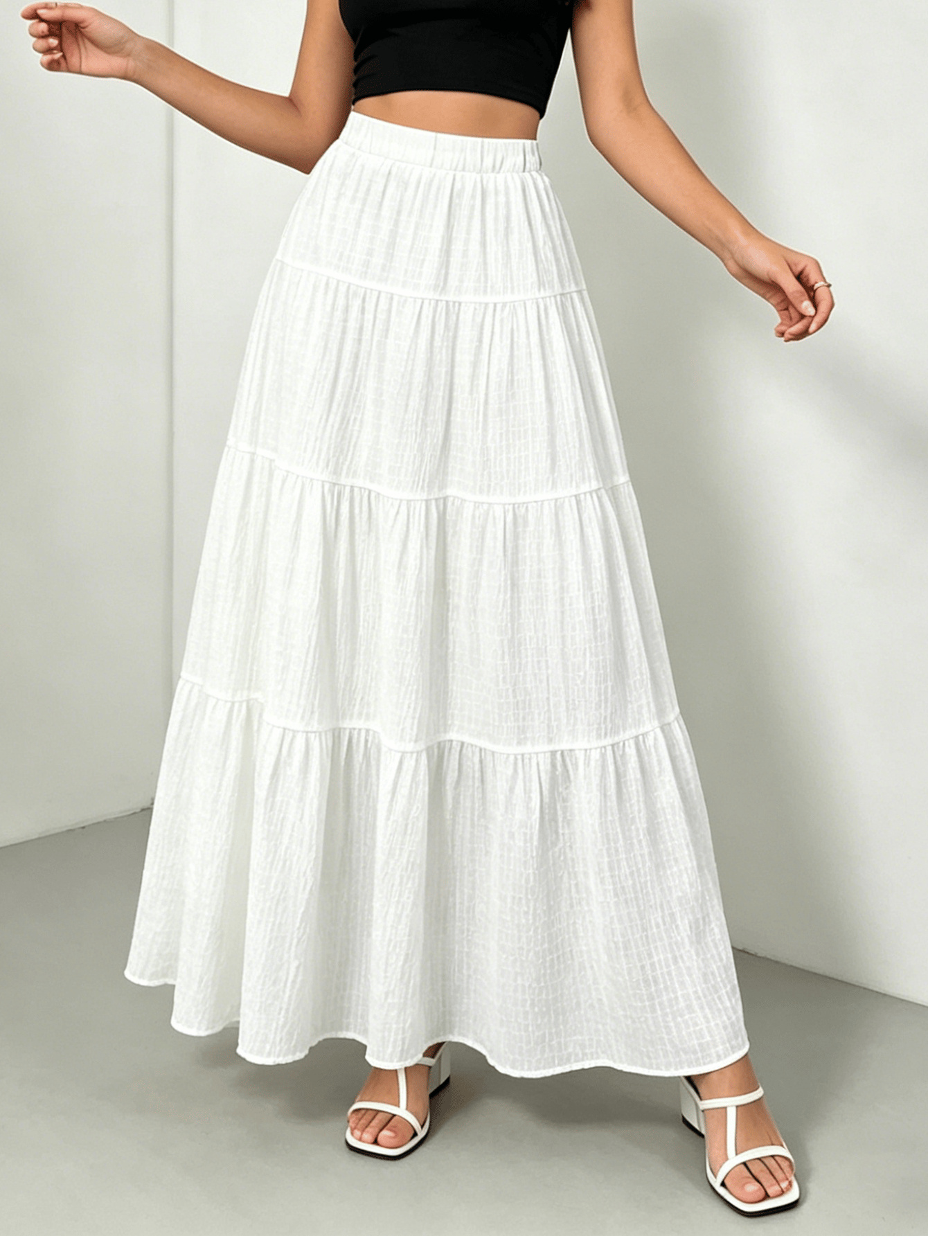White Solid Tiered Maxi Skirt