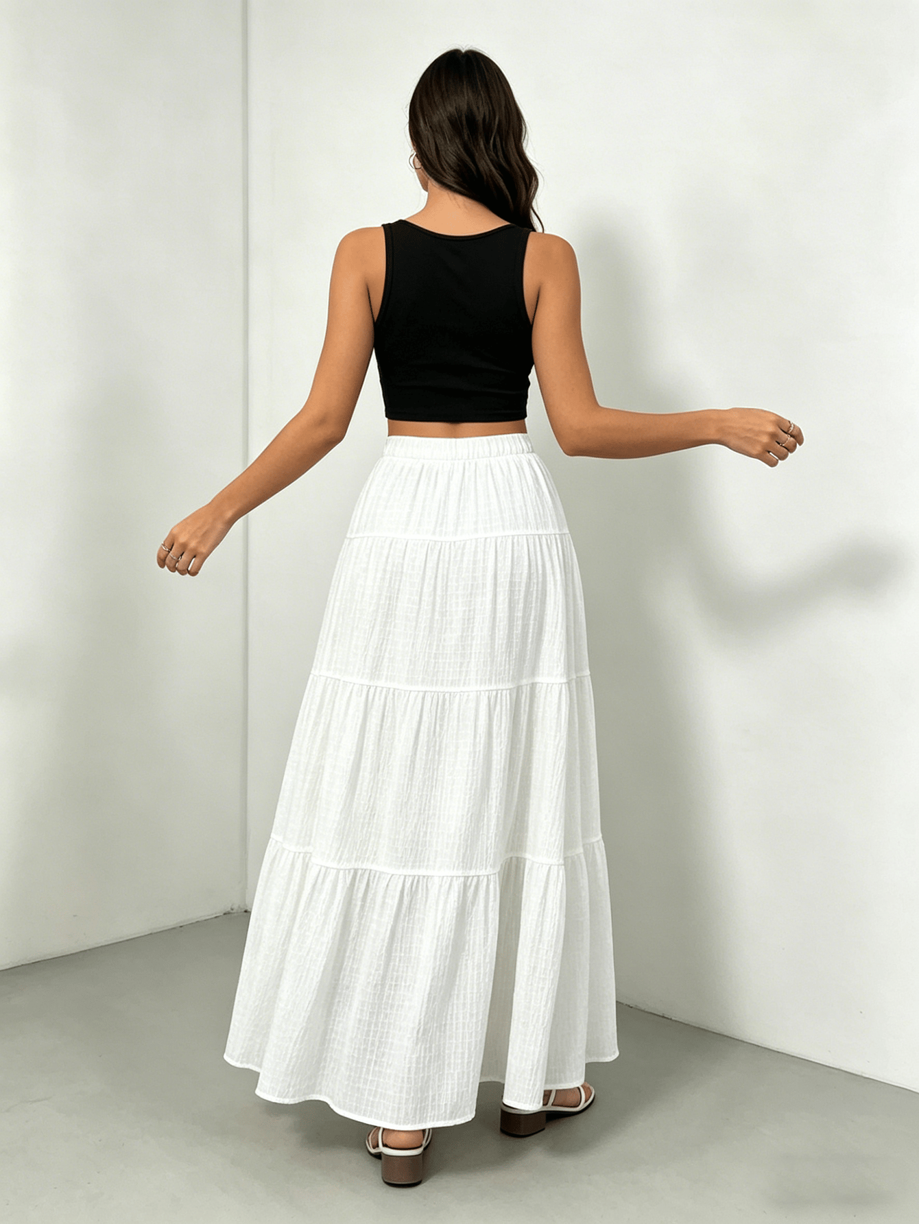 White Solid Tiered Maxi Skirt