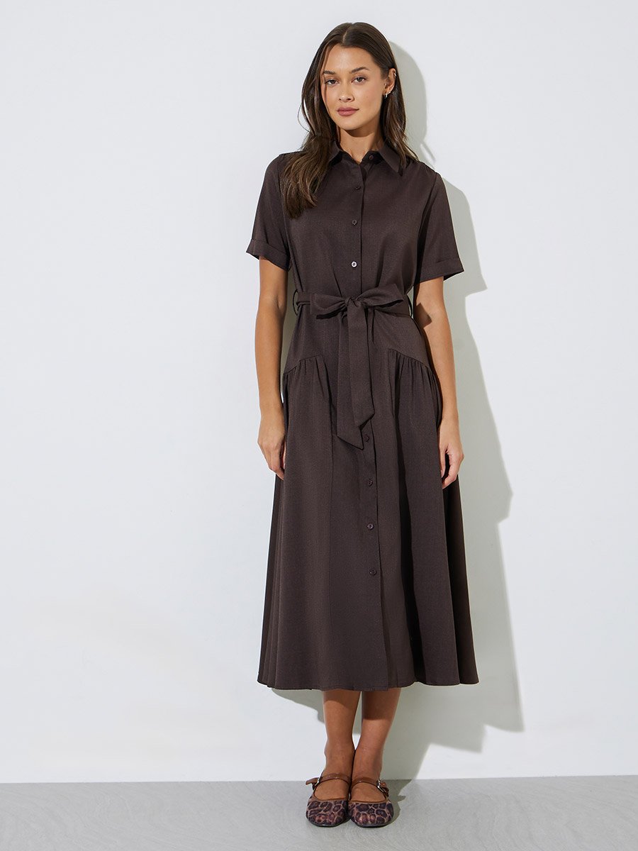 Brown Solid Belted Waist Shirt Midi Dress
