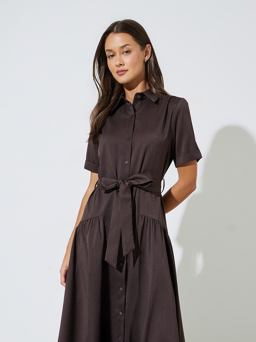 Brown Solid Belted Waist Shirt Midi Dress