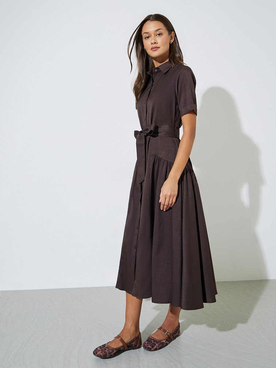 Brown Solid Belted Waist Shirt Midi Dress