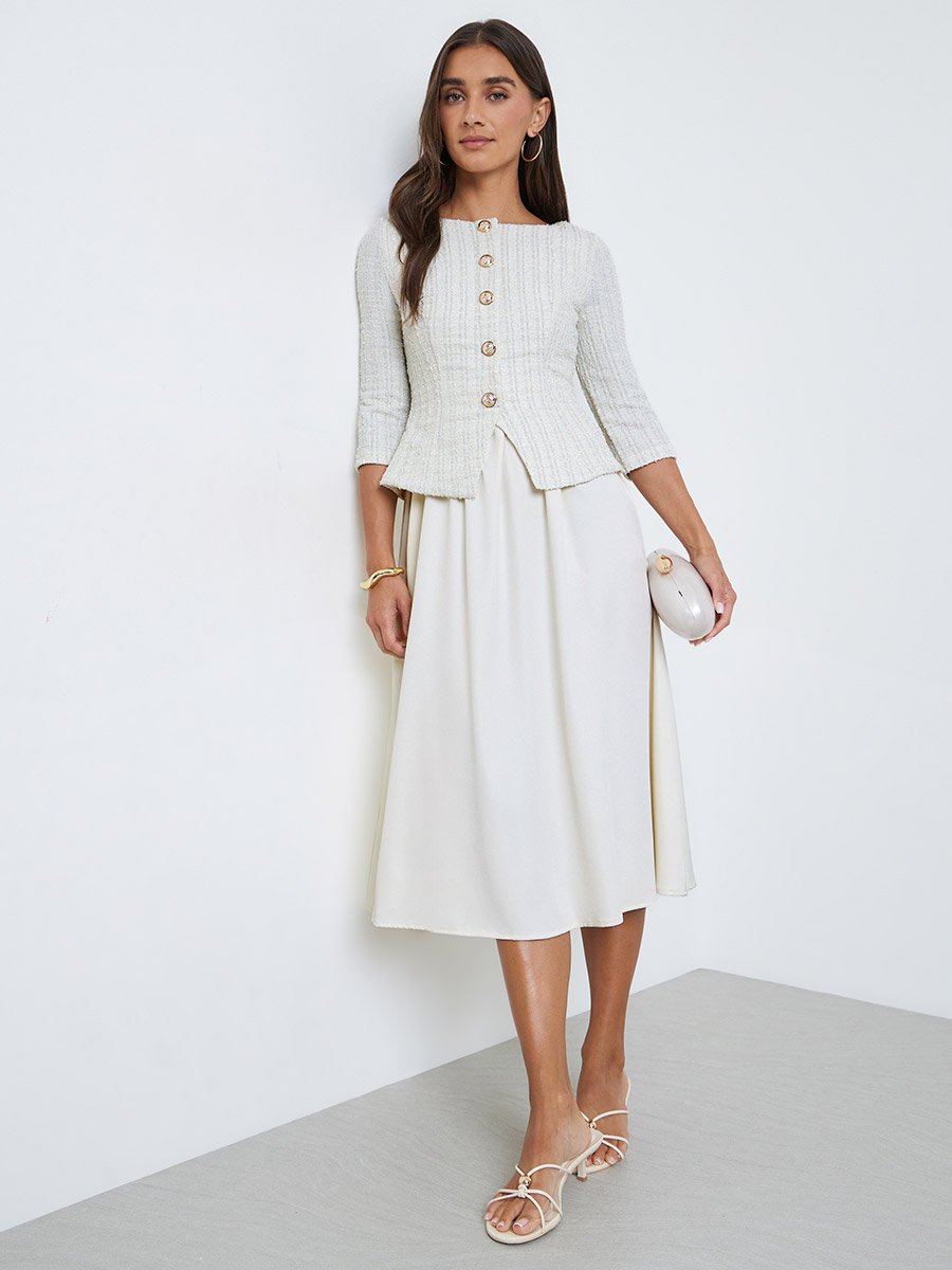 Off-White Tweed-Look Midi Dress with 3/4 Sleeves