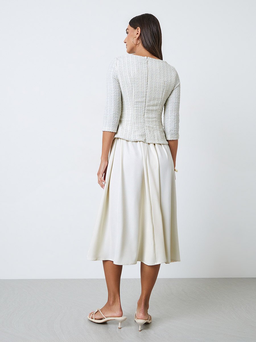 Off-White Tweed-Look Midi Dress with 3/4 Sleeves