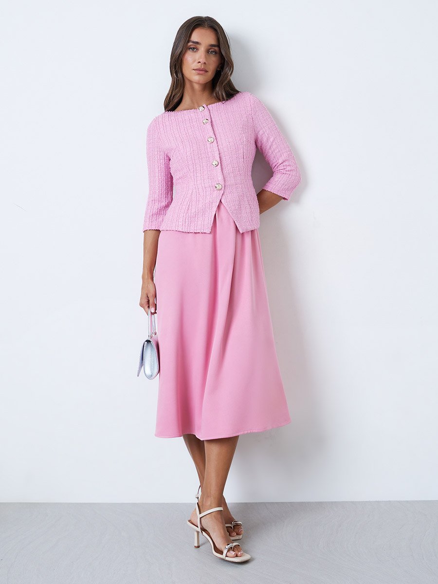 Pink Tweed-Look Midi Dress with 3/4 Sleeves