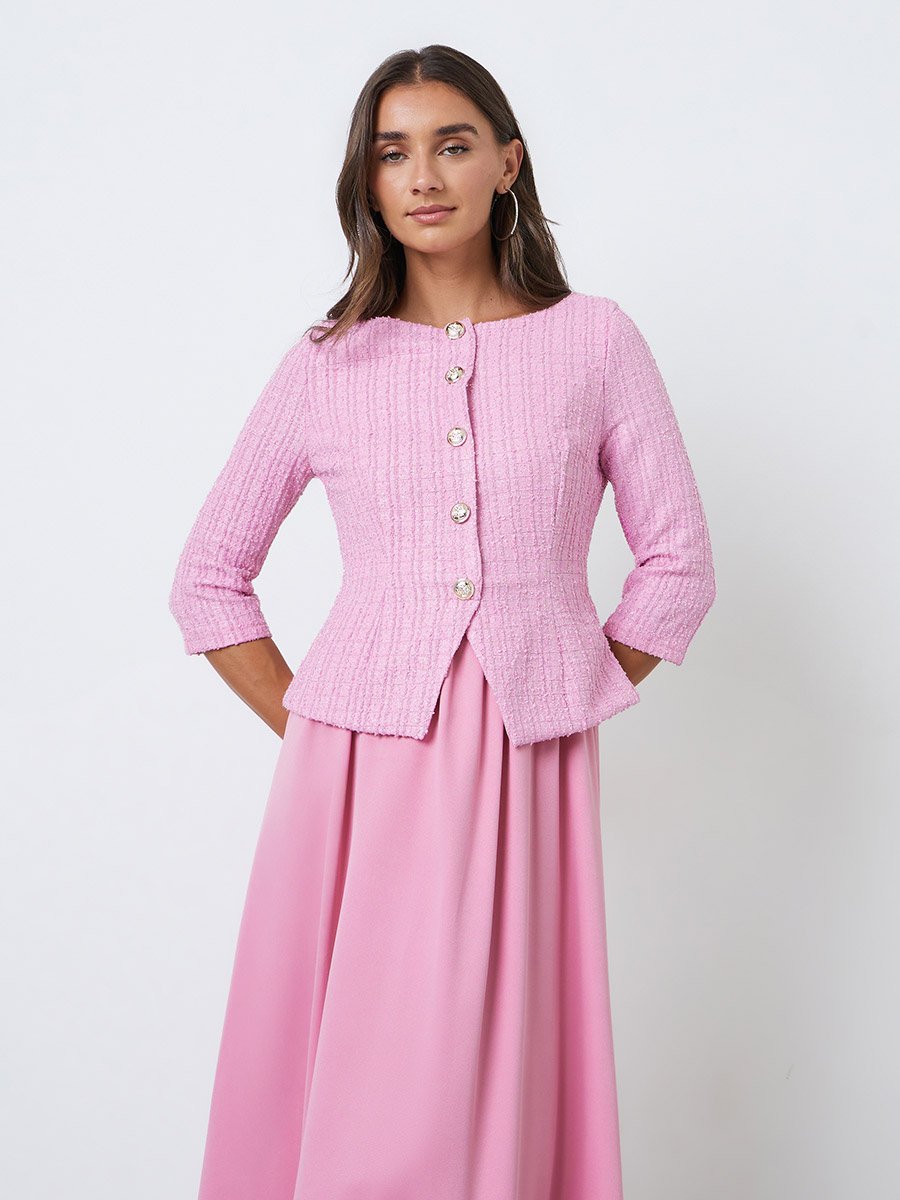 Pink Tweed-Look Midi Dress with 3/4 Sleeves