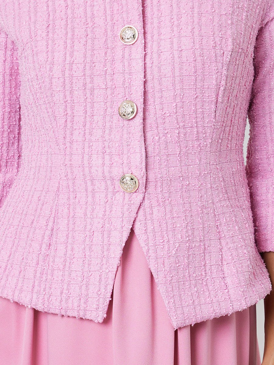 Pink Tweed-Look Midi Dress with 3/4 Sleeves