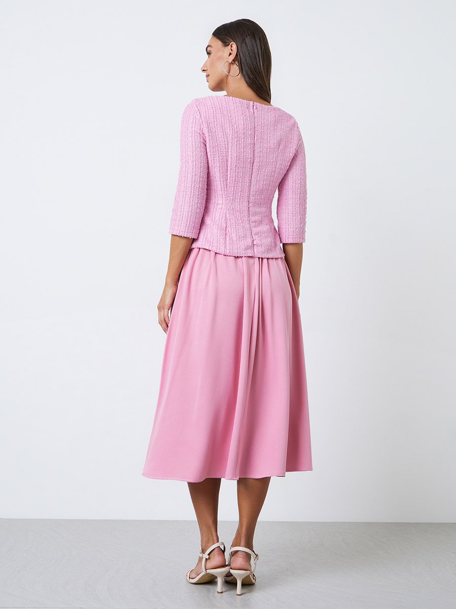 Pink Tweed-Look Midi Dress with 3/4 Sleeves