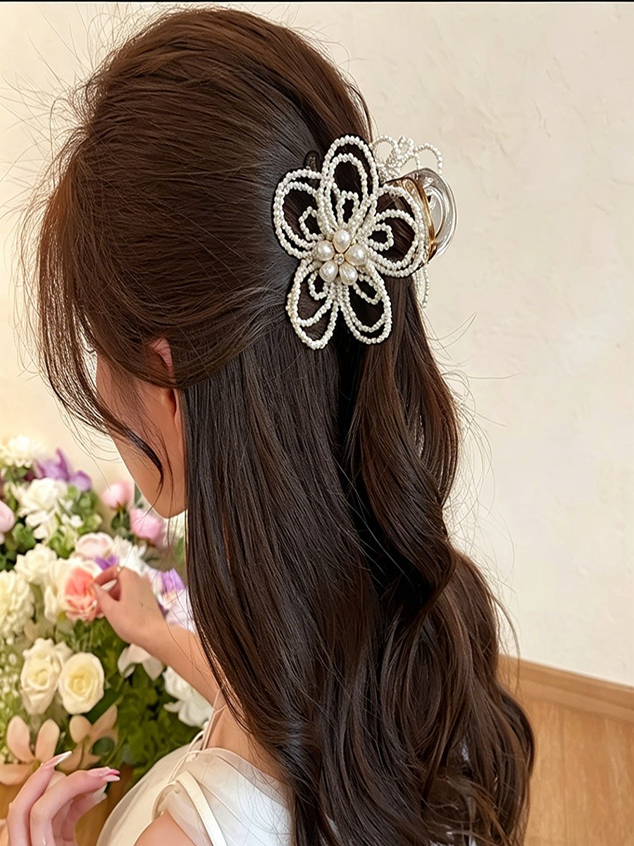 Embellished Pearl Flower Claw Clip