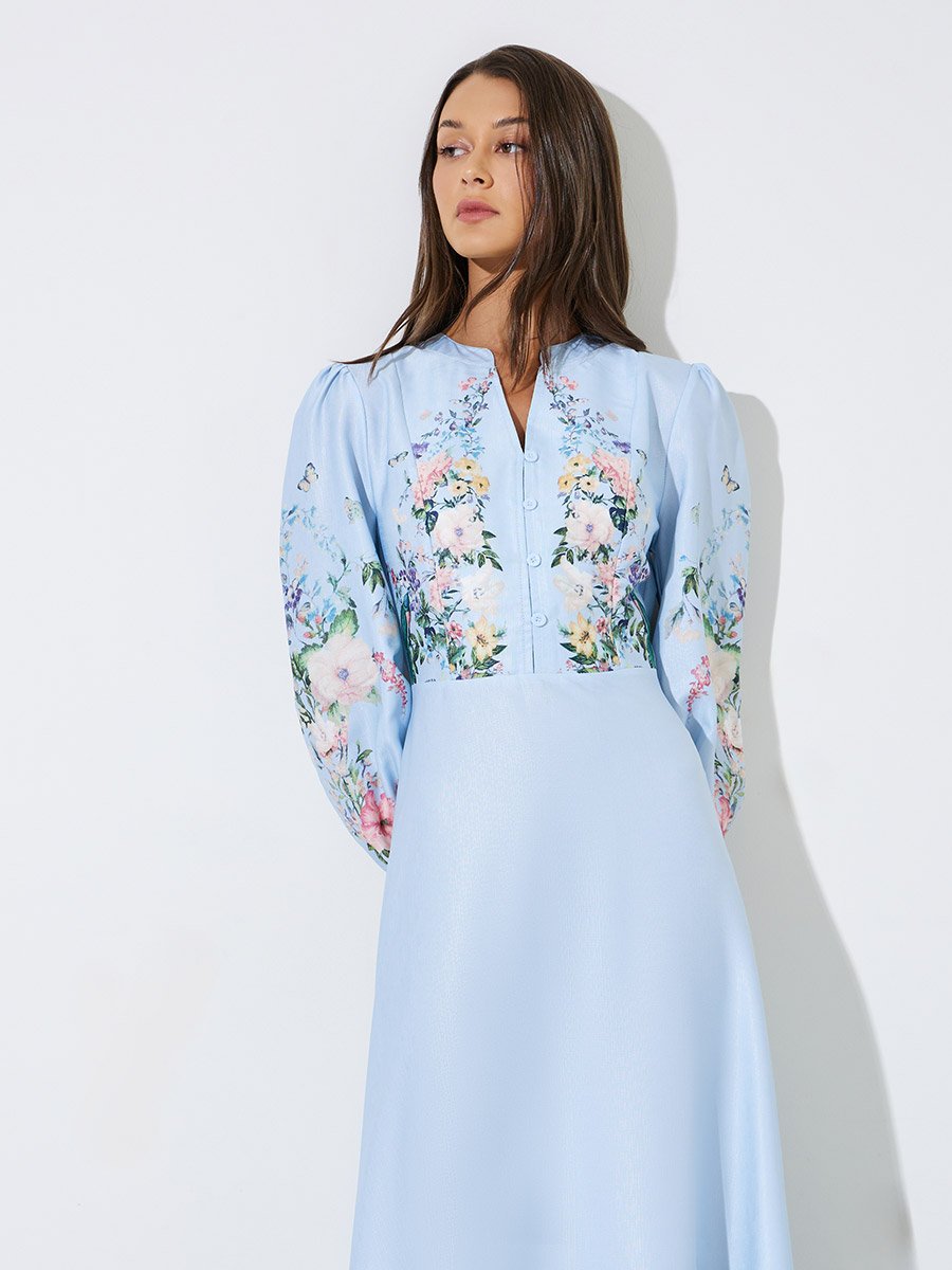 Light Blue Floral Print Notch Neck A-Line Maxi Dress