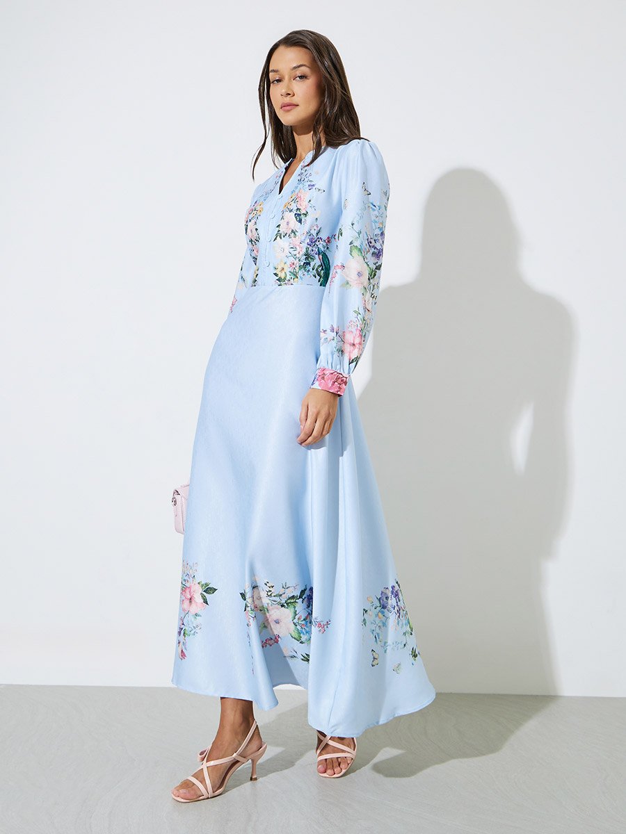 Light Blue Floral Print Notch Neck A-Line Maxi Dress