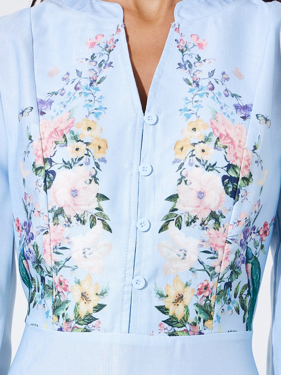 Light Blue Floral Print Notch Neck A-Line Maxi Dress