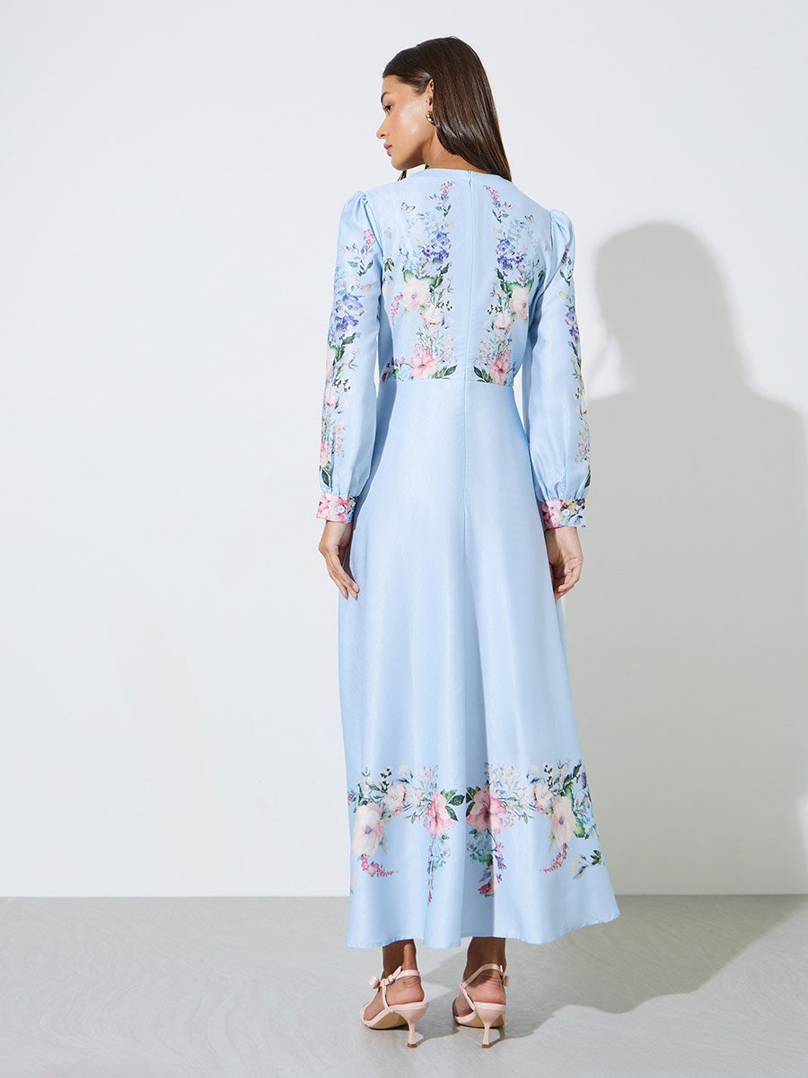 Light Blue Floral Print Notch Neck A-Line Maxi Dress