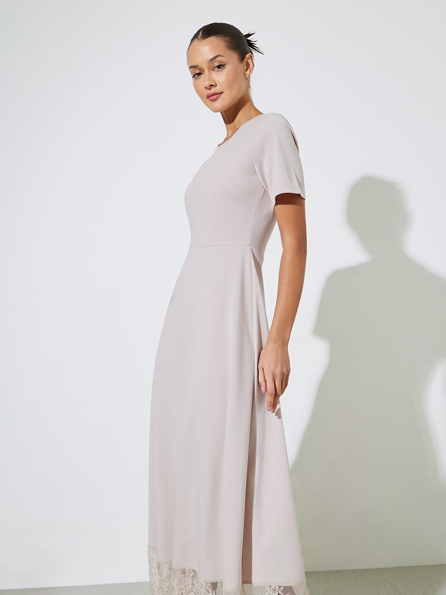 Cream Solid Lace Hem A-Line Maxi Dress