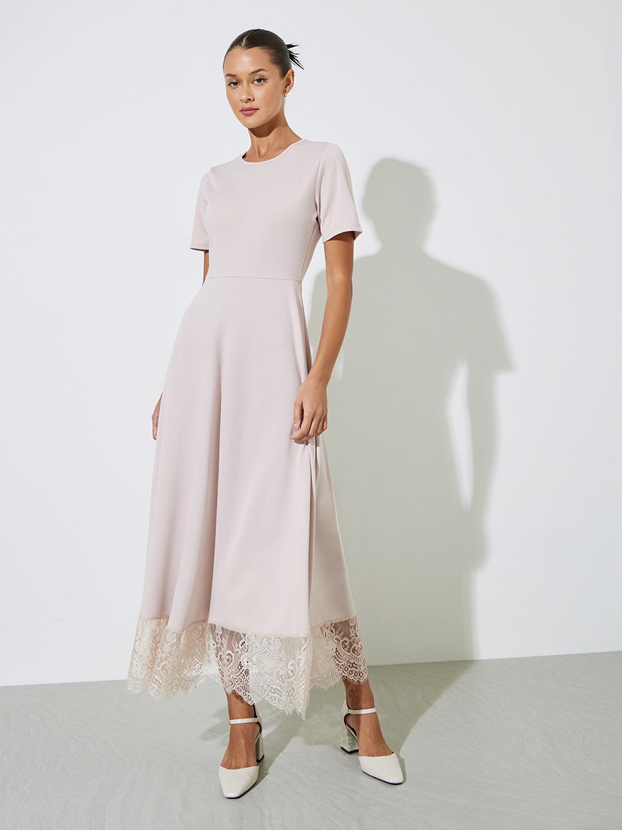 Cream Solid Lace Hem A-Line Maxi Dress