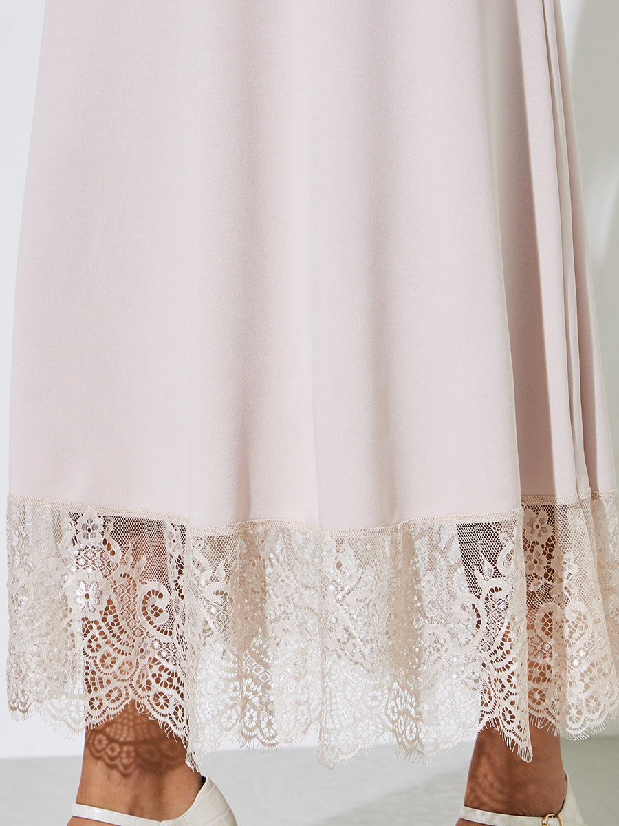 Cream Solid Lace Hem A-Line Maxi Dress