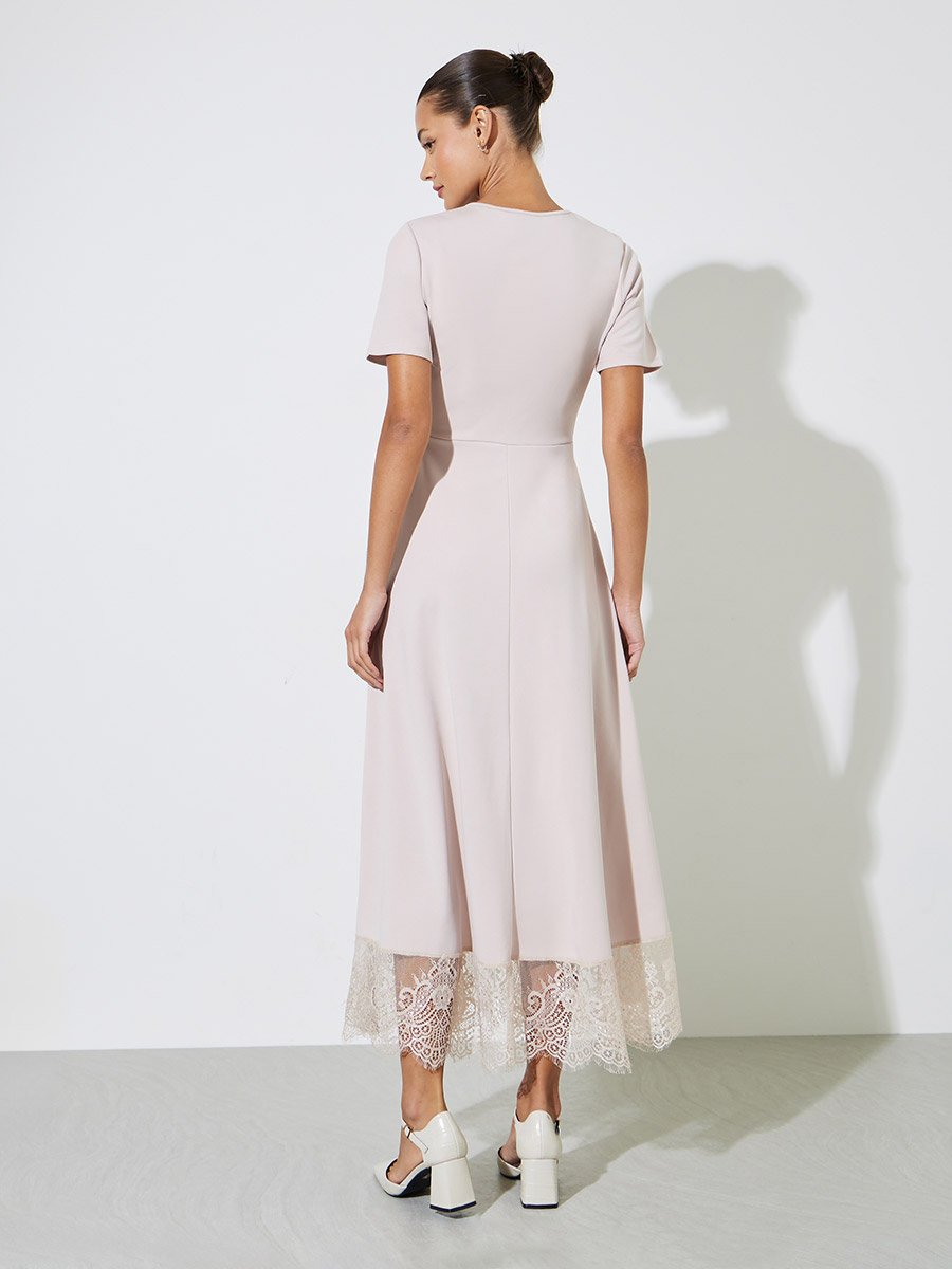 Cream Solid Lace Hem A-Line Maxi Dress