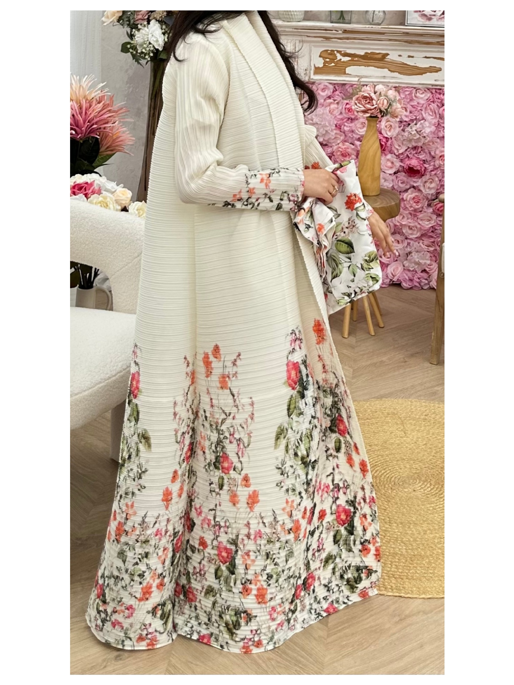 Multi-Color Floral Print Open Front Plisse Abaya