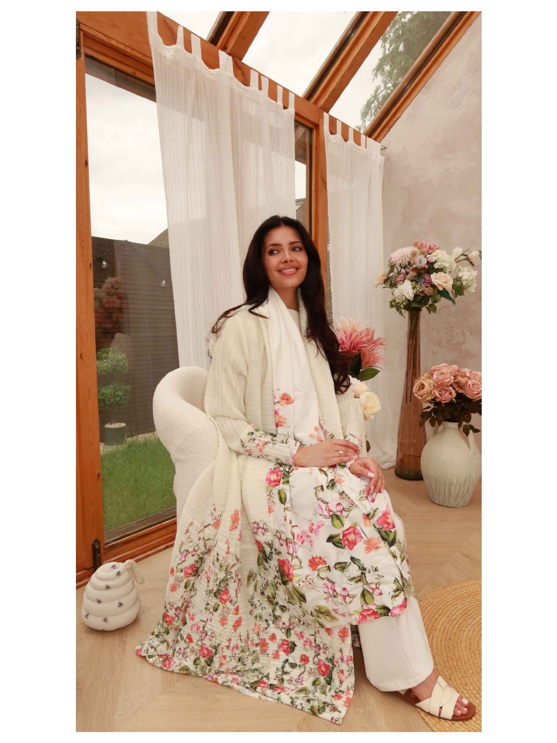 Multi-Color Floral Print Open Front Plisse Abaya