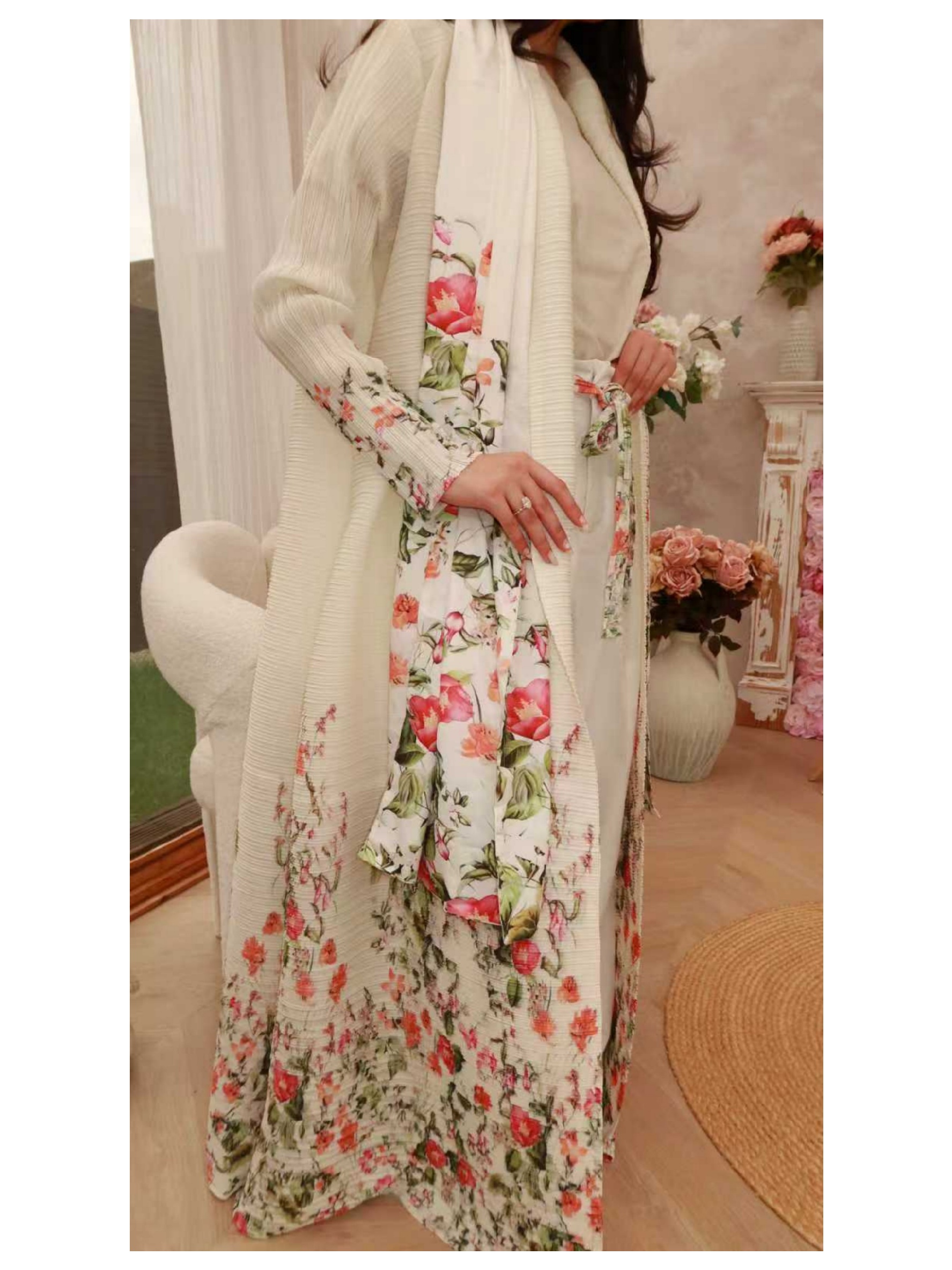 Multi-Color Floral Print Open Front Plisse Abaya