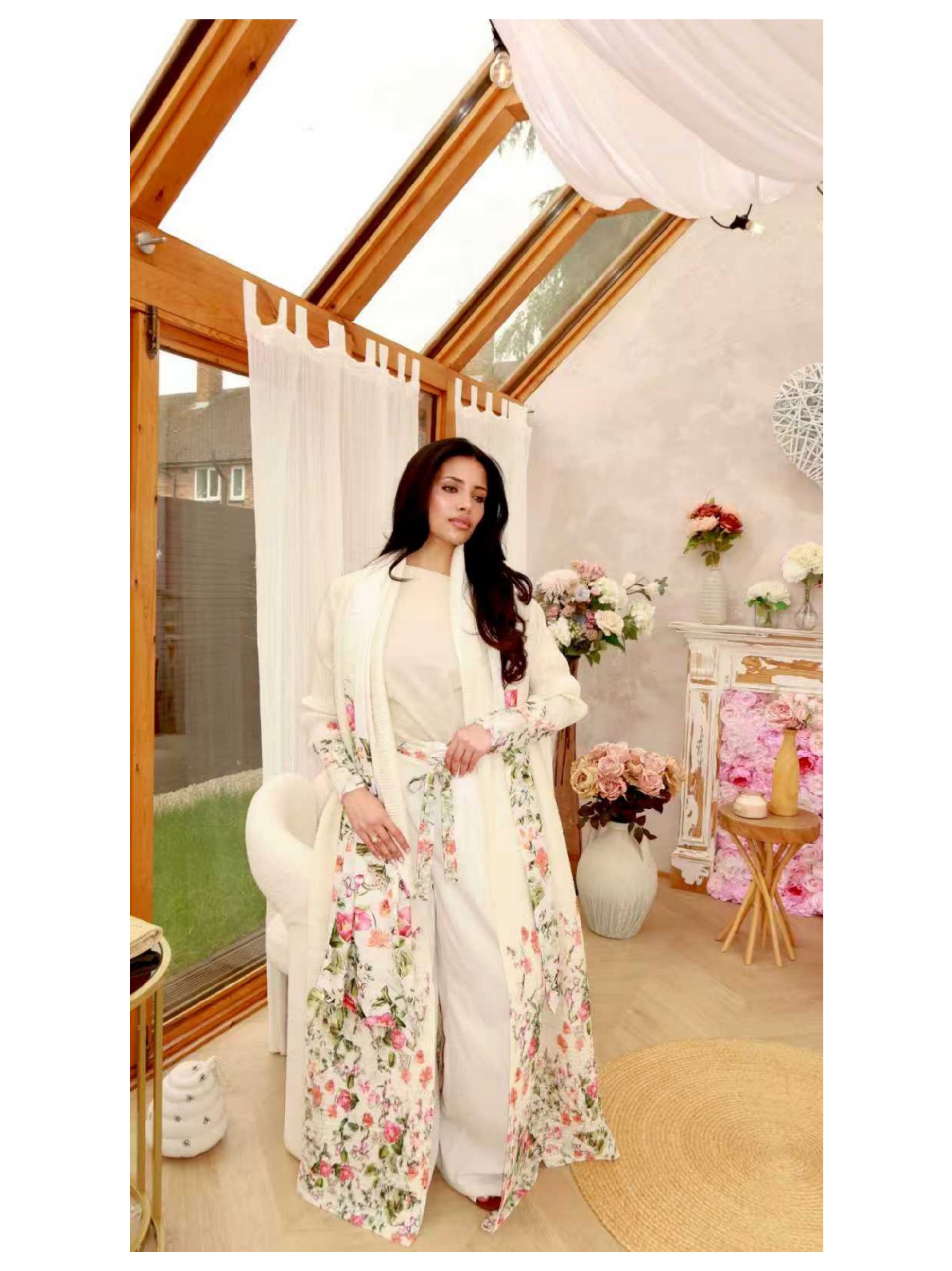 Multi-Color Floral Print Open Front Plisse Abaya