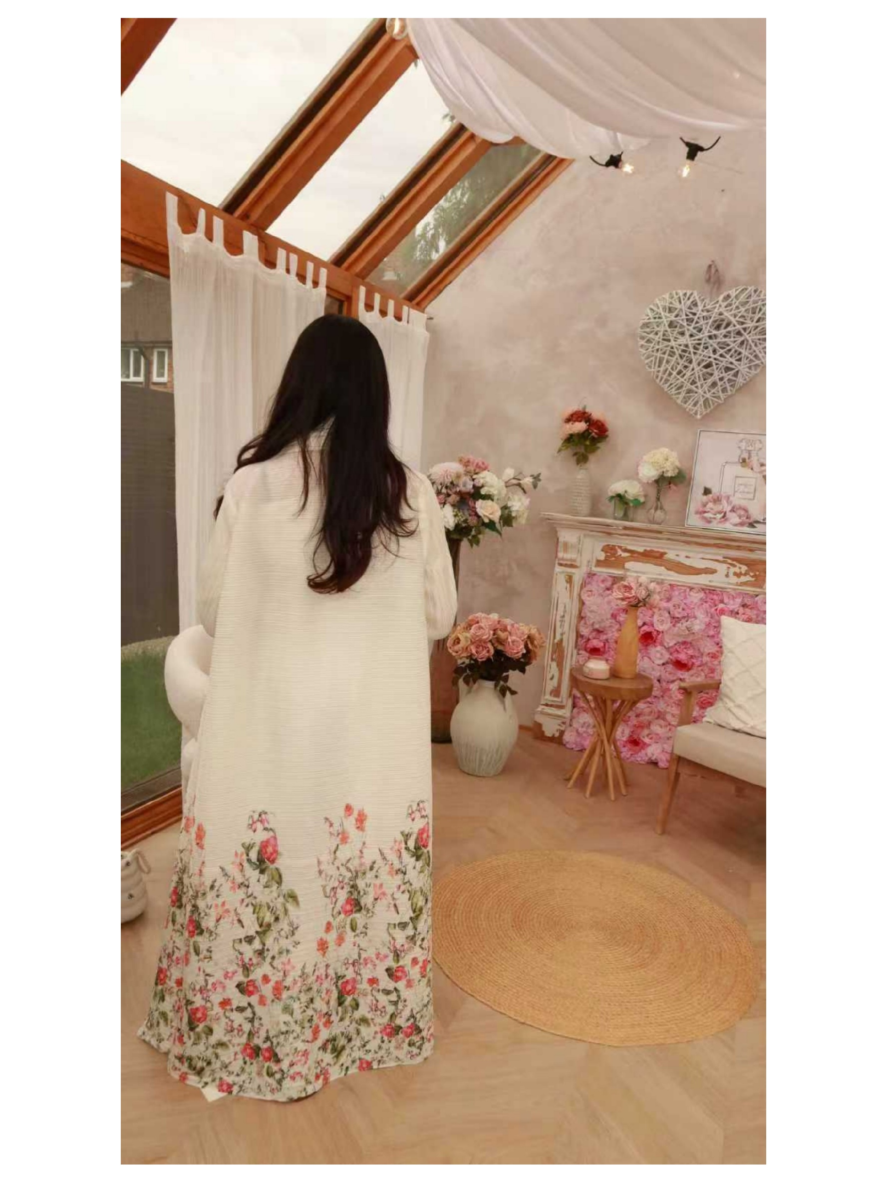 Multi-Color Floral Print Open Front Plisse Abaya