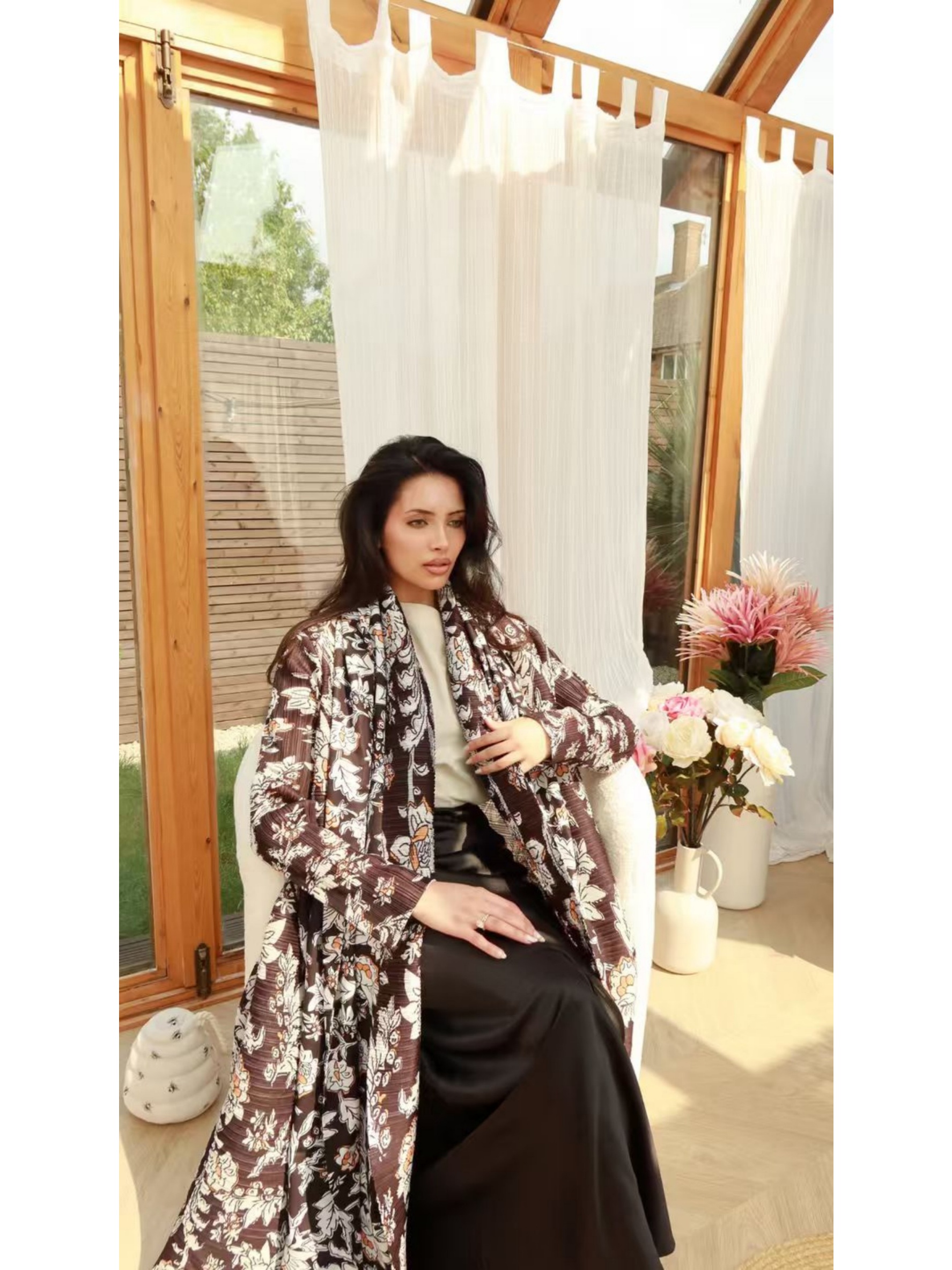 Brown Floral Print Textured Open Front Abaya