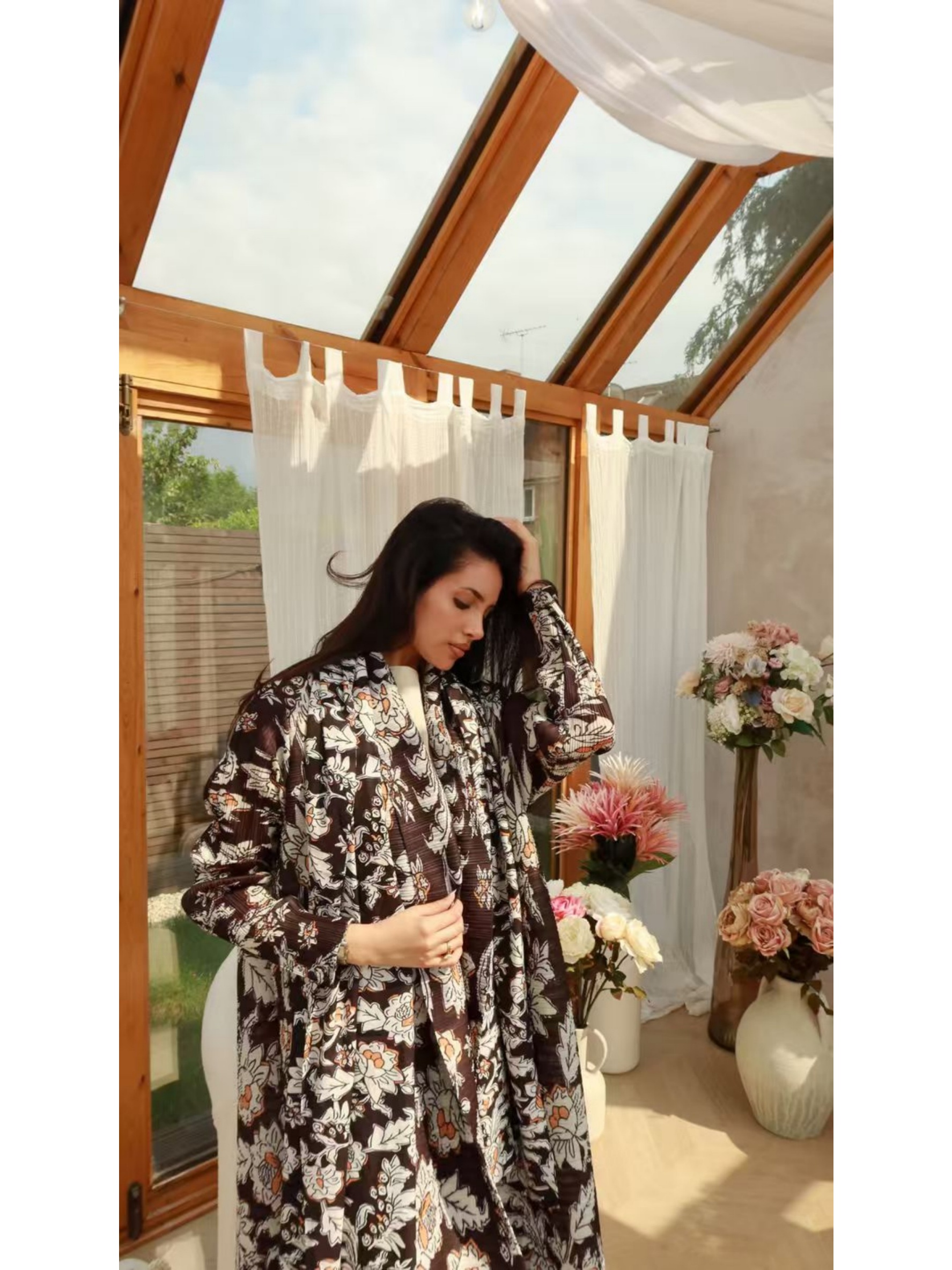 Brown Floral Print Textured Open Front Abaya