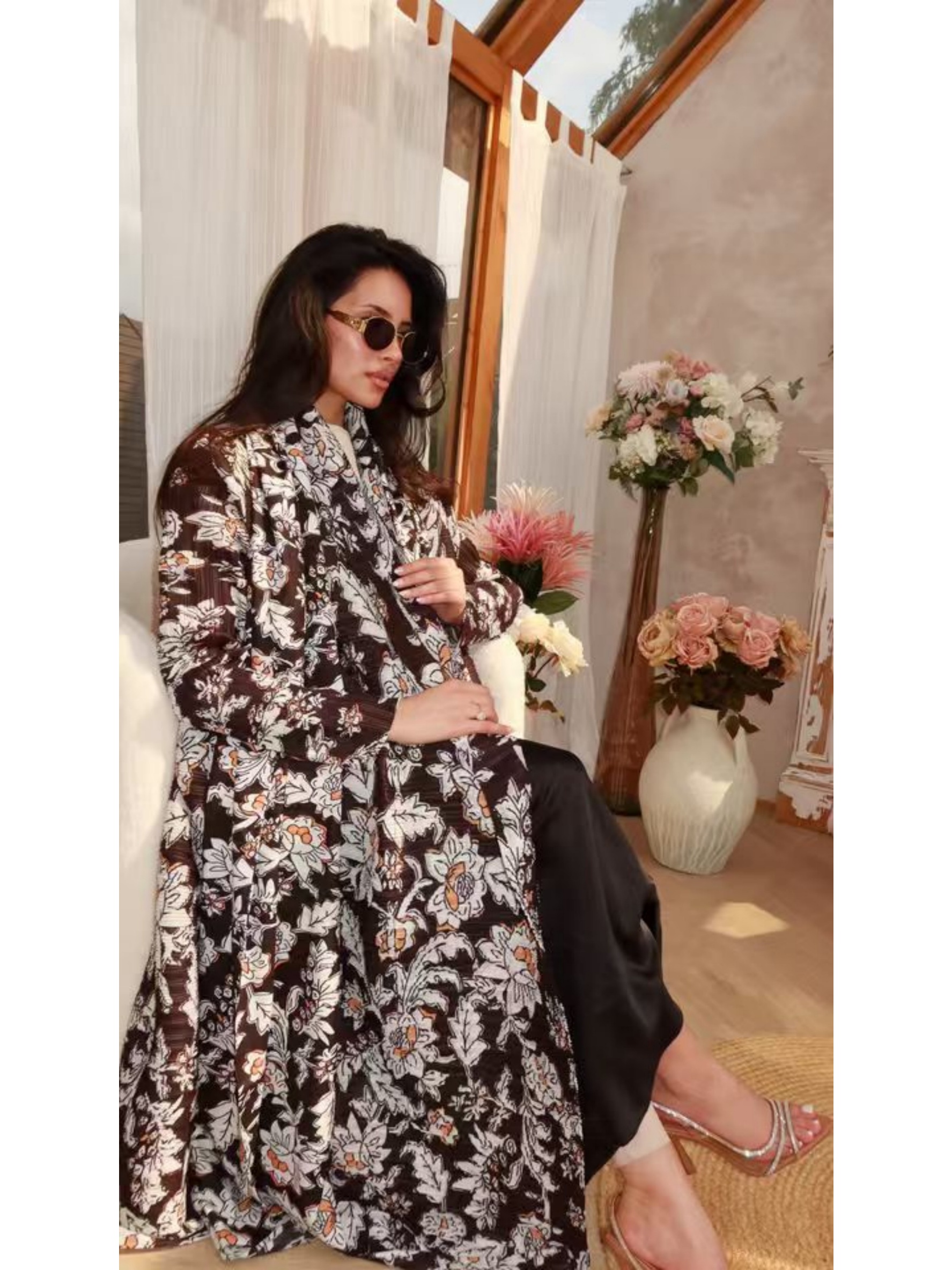 Brown Floral Print Textured Open Front Abaya