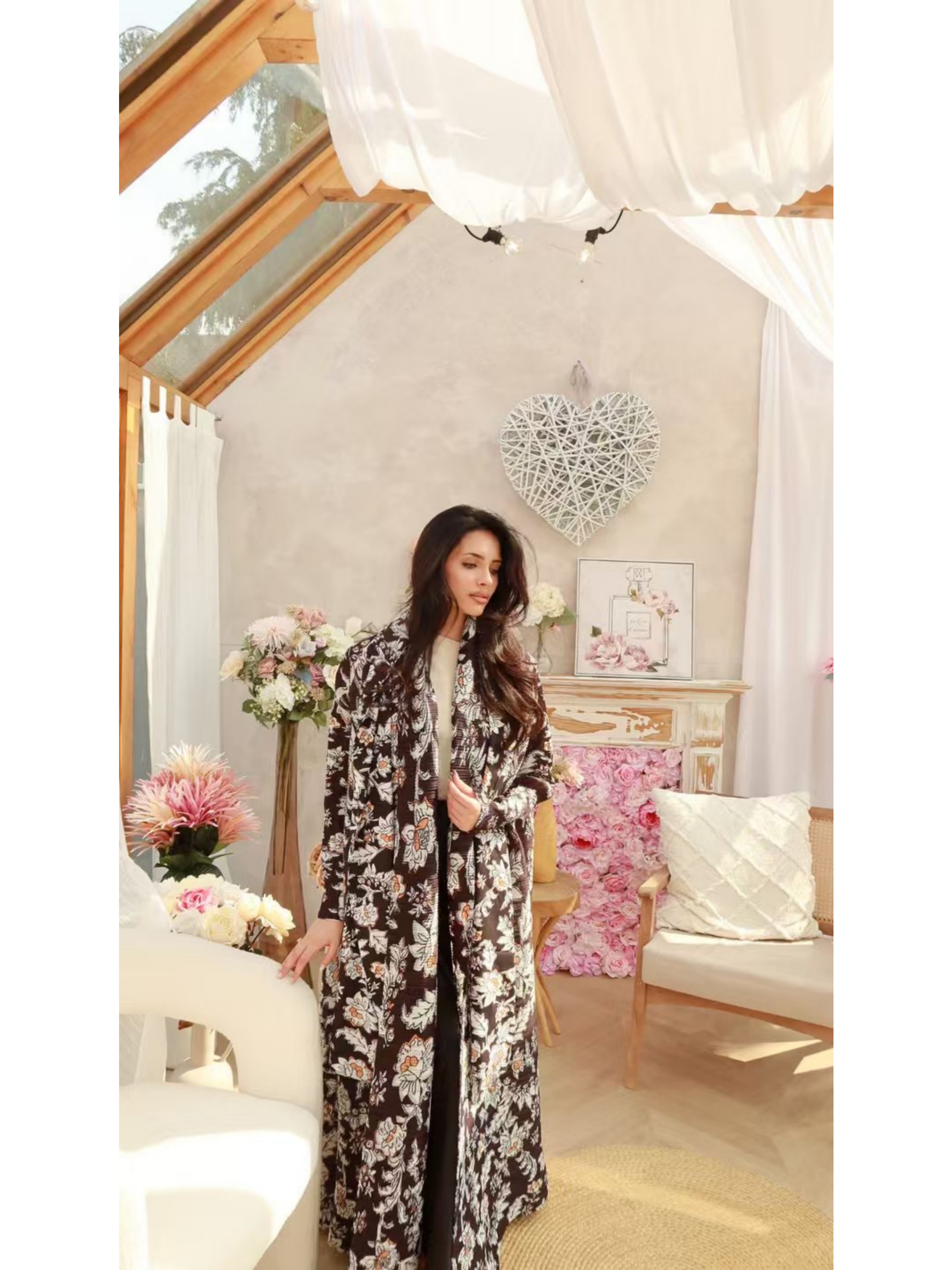 Brown Floral Print Textured Open Front Abaya
