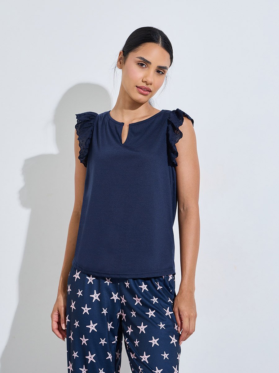 Navy Blue Solid Ruffle Details Tank and Star Print Pants Pyjama Set