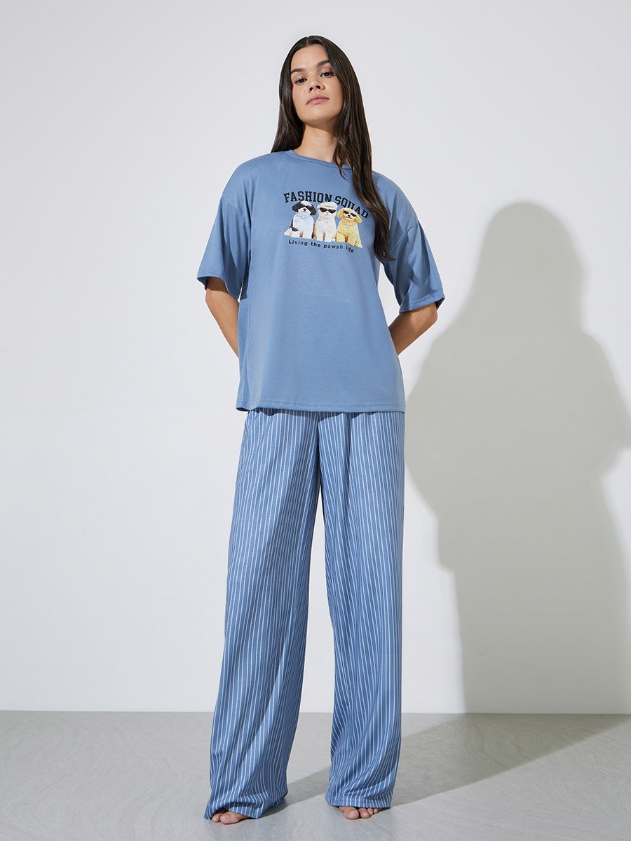 Blue Fashion Squad Dog Graphic Drop Shoulder T-Shirt and Stripe Wide Leg Pyjama Set 