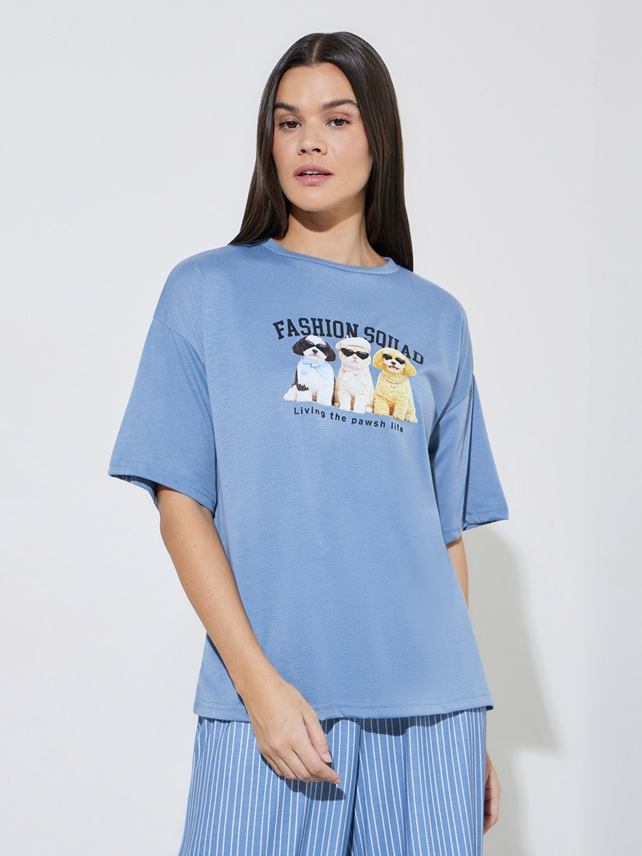 Blue Fashion Squad Dog Graphic Drop Shoulder T-Shirt and Stripe Wide Leg Pyjama Set 