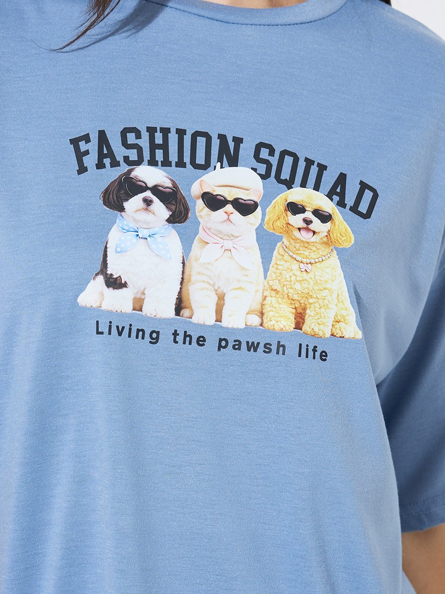 Blue Fashion Squad Dog Graphic Drop Shoulder T-Shirt and Stripe Wide Leg Pyjama Set 