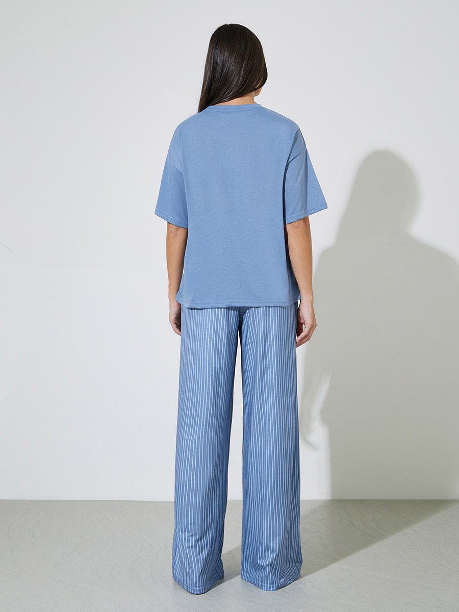 Blue Fashion Squad Dog Graphic Drop Shoulder T-Shirt and Stripe Wide Leg Pyjama Set 
