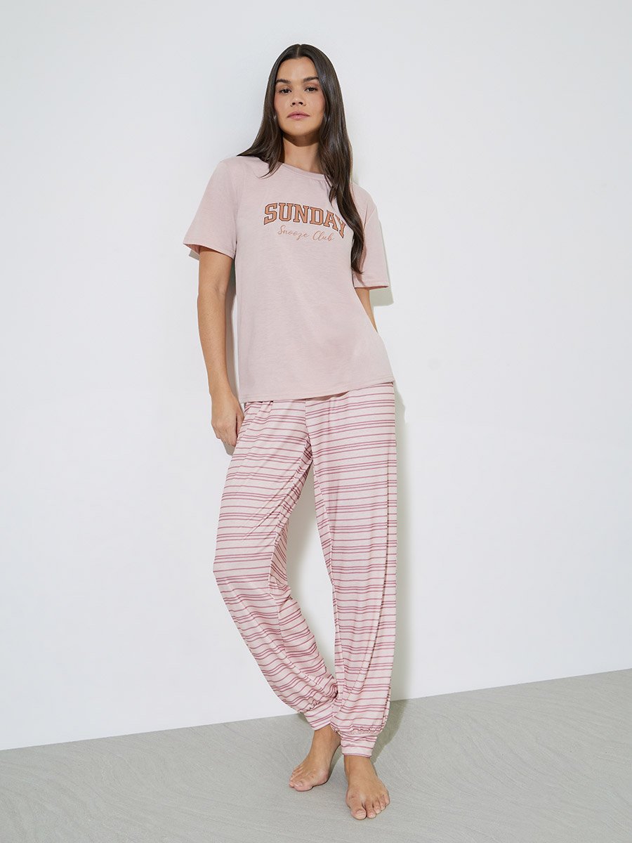 Pink Sunday Graphic T-Shirt and Striped Cuff Pyjama Set