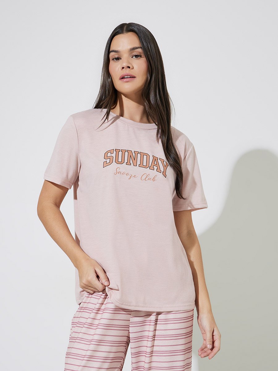 Pink Sunday Graphic T-Shirt and Striped Cuff Pyjama Set