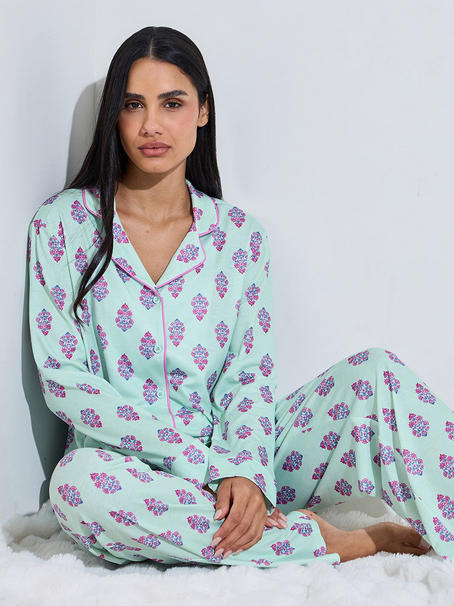 Turquoise All Over Print Shirt and Straight Leg Pants Pyjama Set 