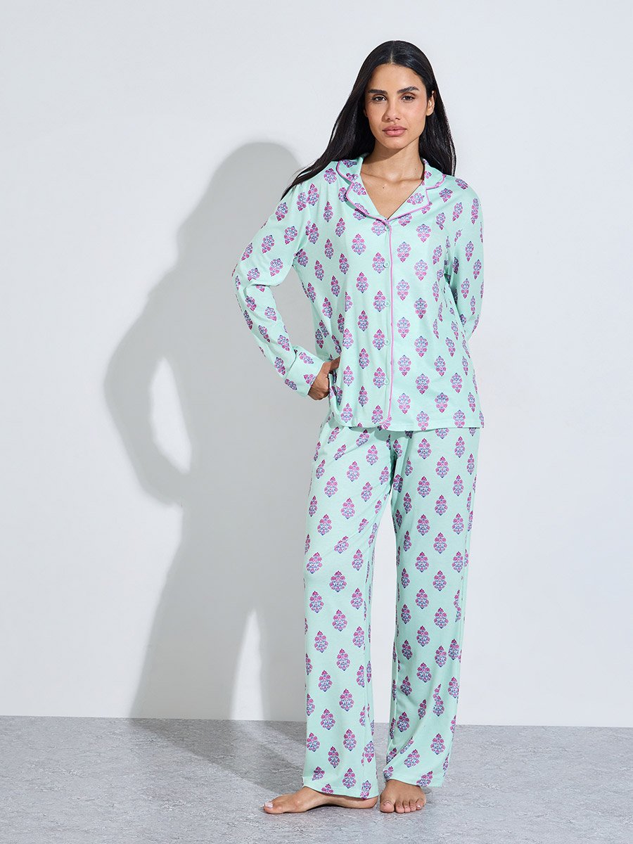 Turquoise All Over Print Shirt and Straight Leg Pants Pyjama Set 
