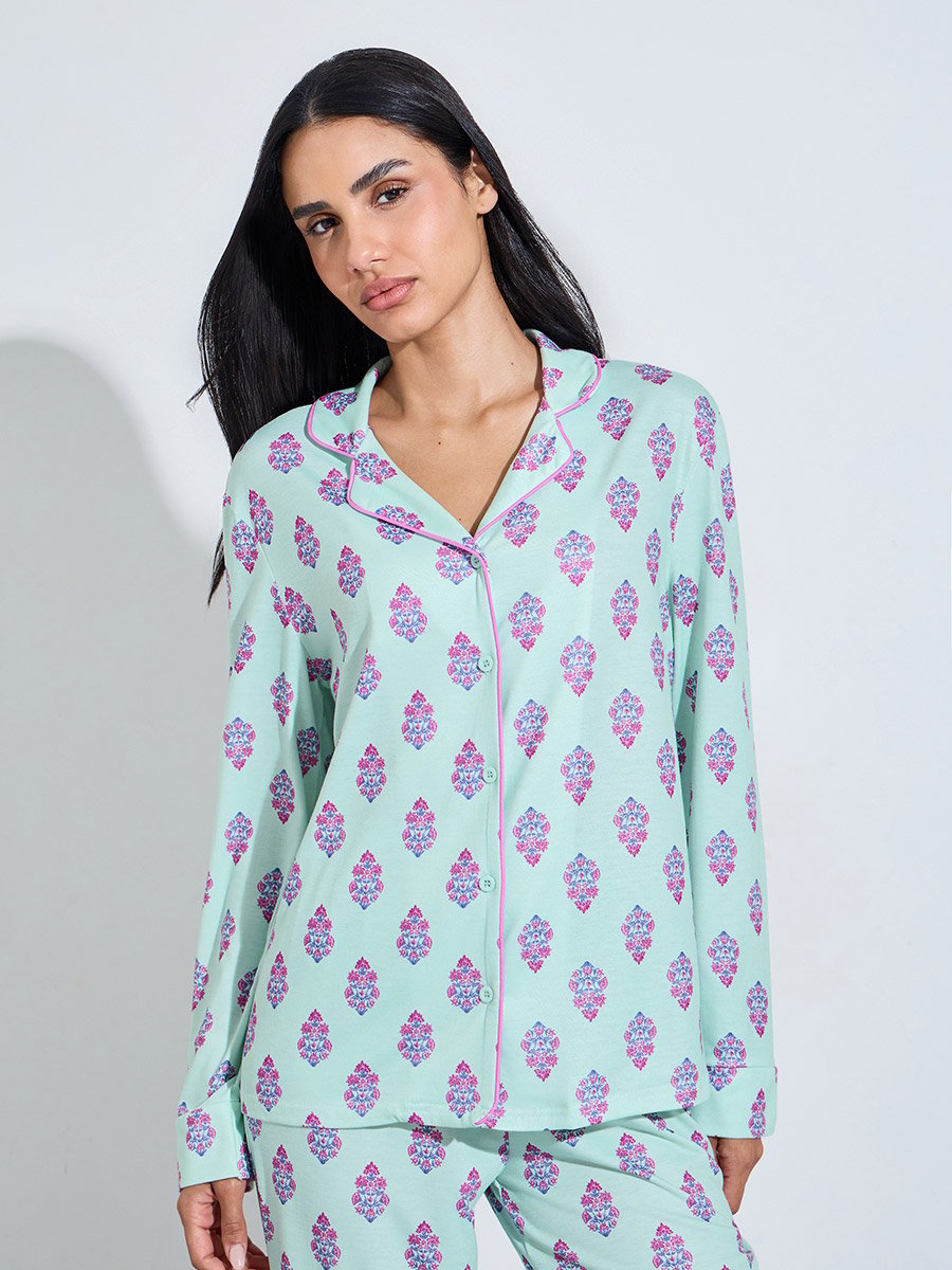 Turquoise All Over Print Shirt and Straight Leg Pants Pyjama Set 