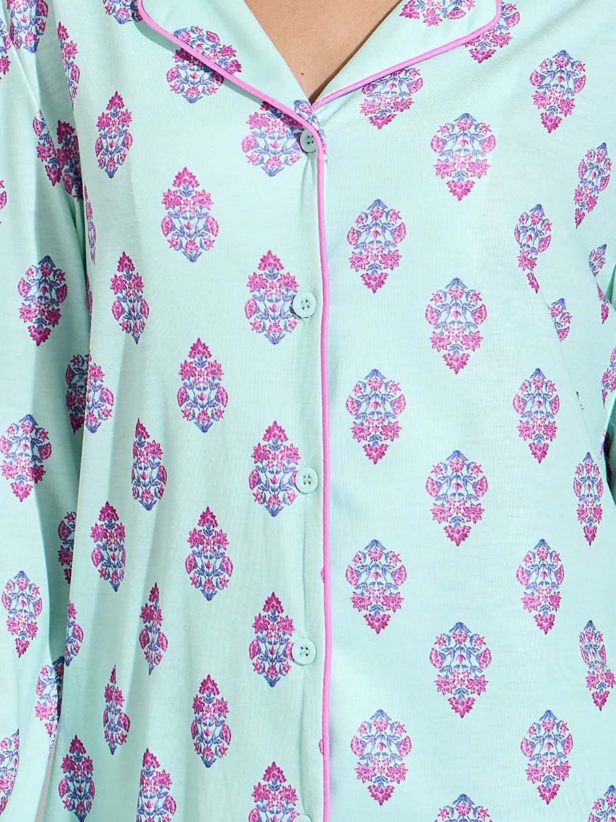 Turquoise All Over Print Shirt and Straight Leg Pants Pyjama Set 