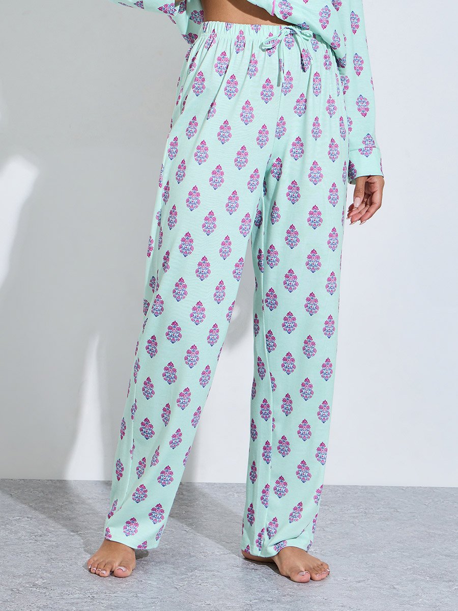 Turquoise All Over Print Shirt and Straight Leg Pants Pyjama Set 