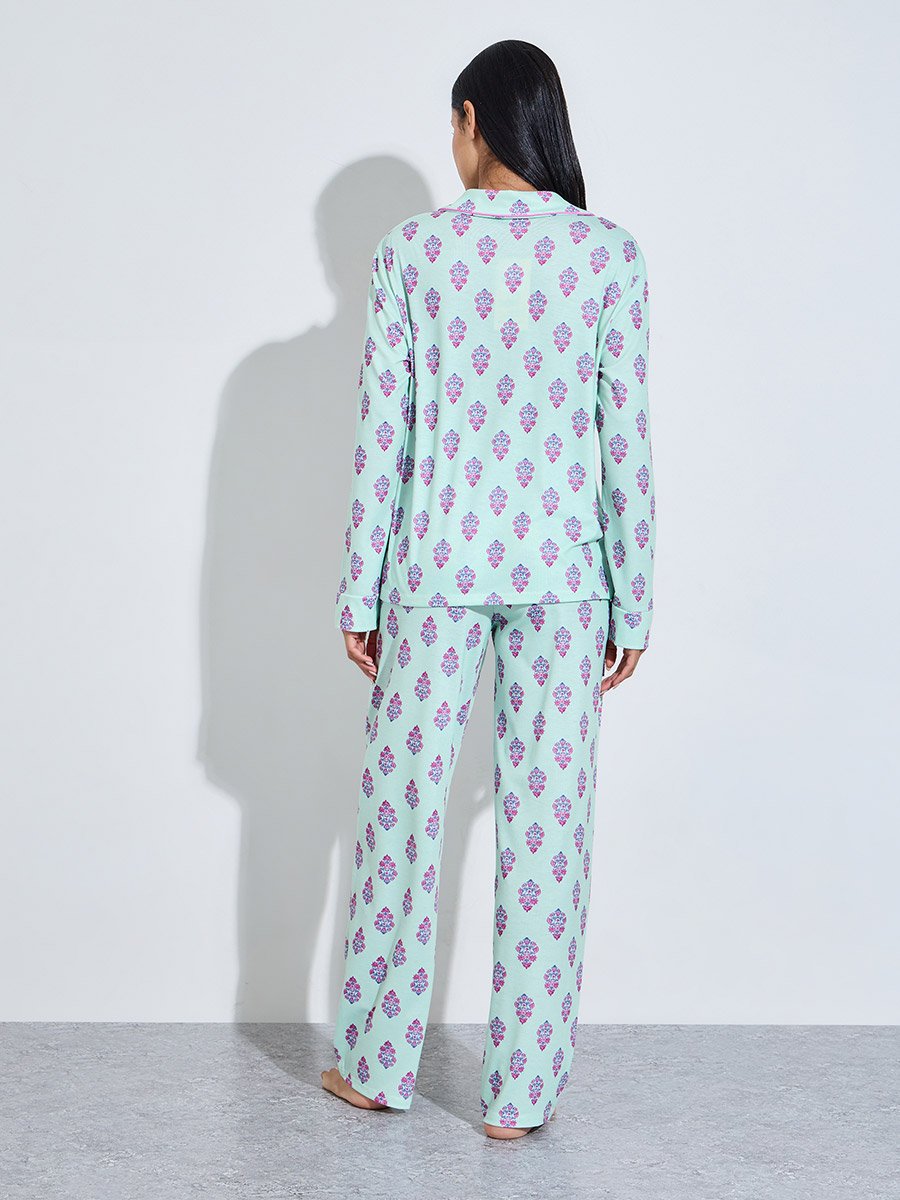 Turquoise All Over Print Shirt and Straight Leg Pants Pyjama Set 