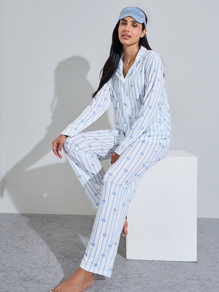 Blue Striped and Bow Print Shirt and Straight Pants Pyjama Set 