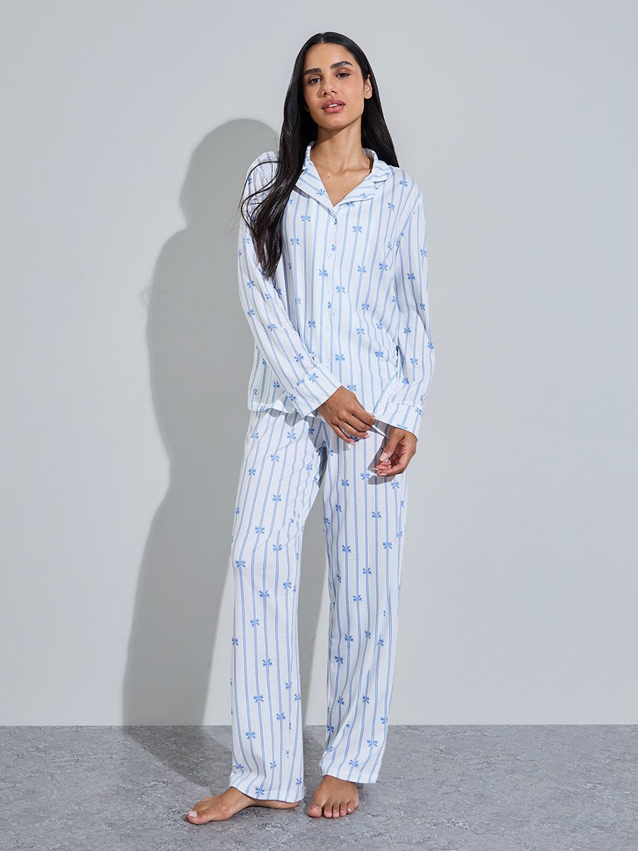 Blue Striped and Bow Print Shirt and Straight Pants Pyjama Set 