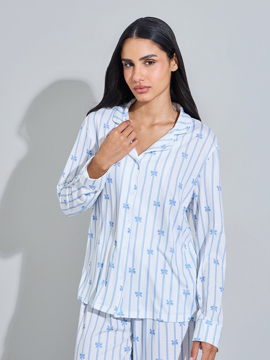 Blue Striped and Bow Print Shirt and Straight Pants Pyjama Set 