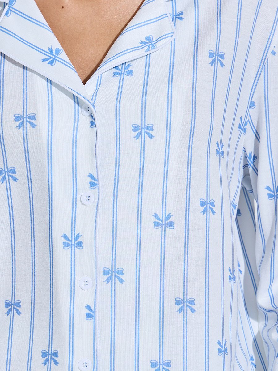 Blue Striped and Bow Print Shirt and Straight Pants Pyjama Set 