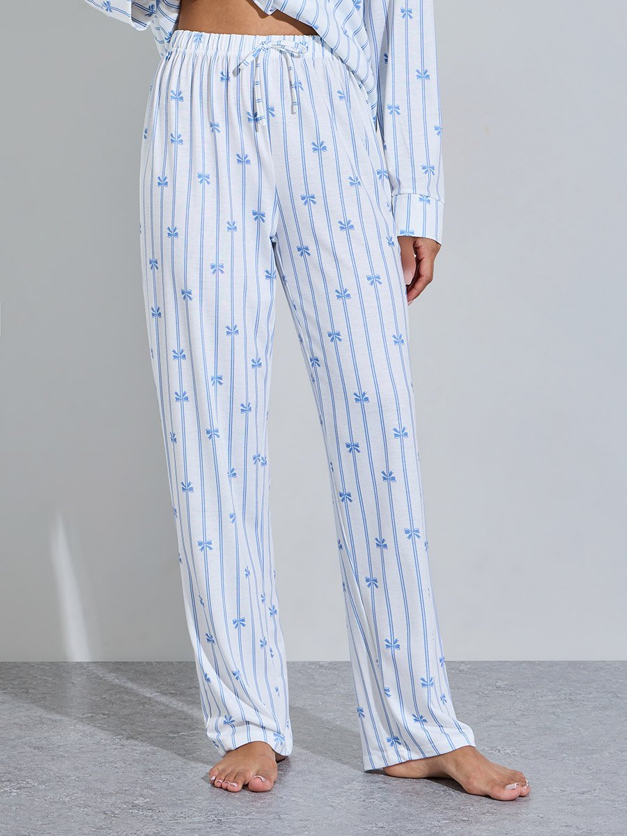 Blue Striped and Bow Print Shirt and Straight Pants Pyjama Set 