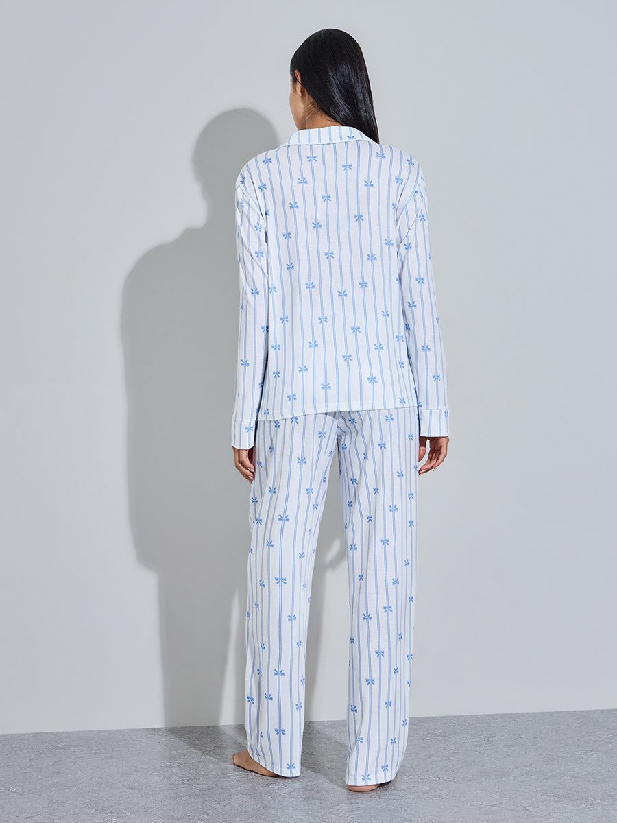 Blue Striped and Bow Print Shirt and Straight Pants Pyjama Set 