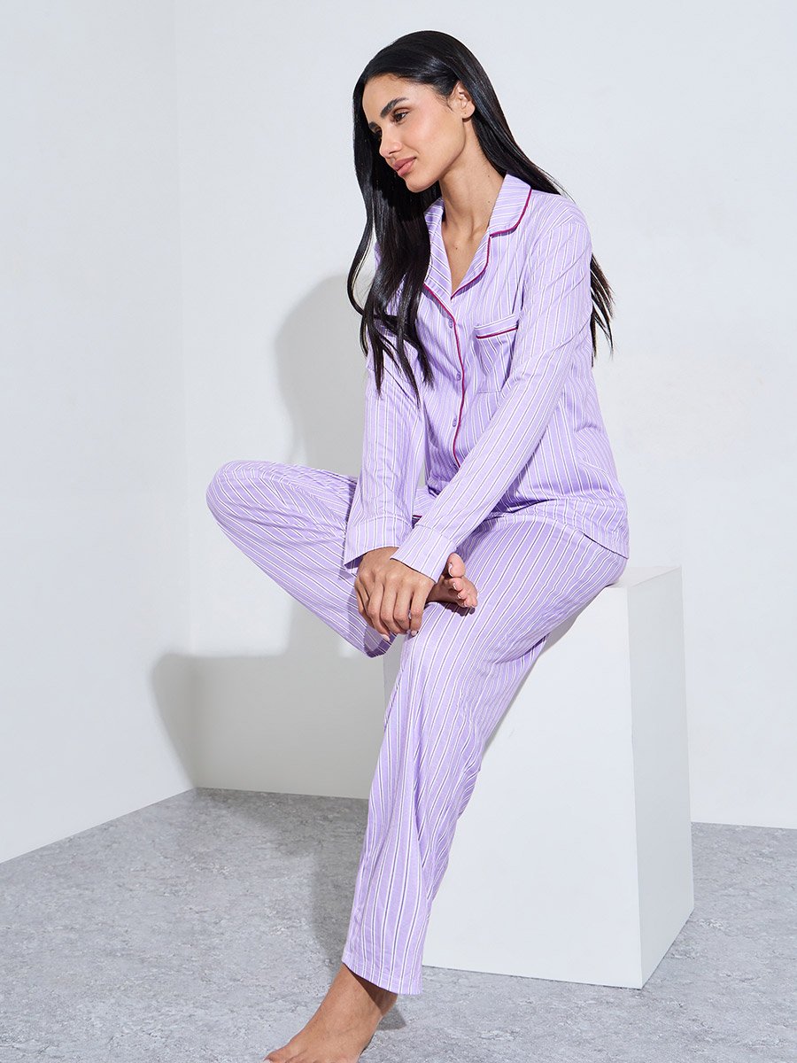 Lilac Striped Contrast Trims Shirt and Wide Leg Pants Pyjama Set